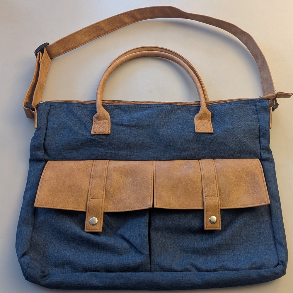 AARP Blue & Tan Canvas Classic Courier Organizer Laptop Tote Bag